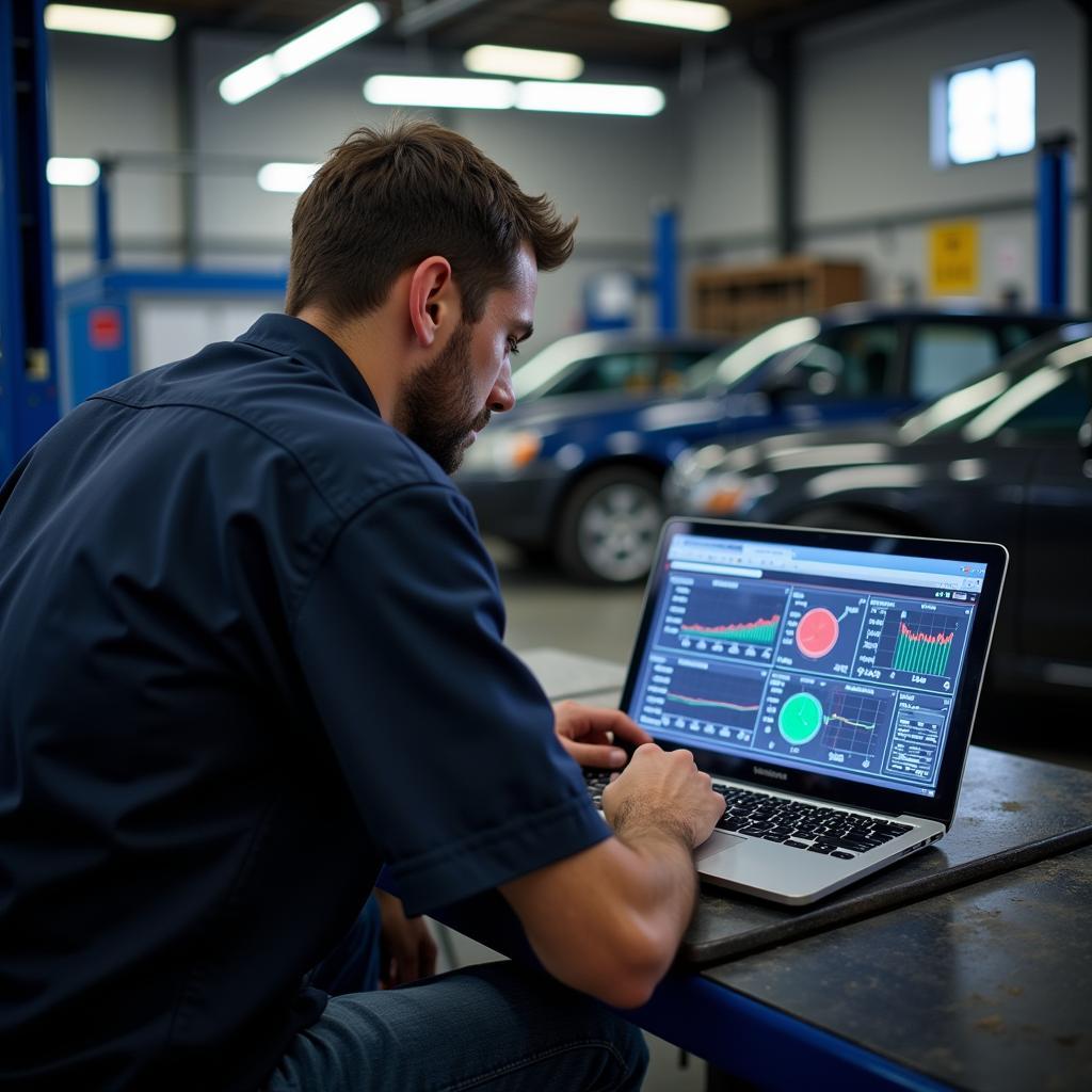 Mechanic Using Diagnostic Software on a Laptop