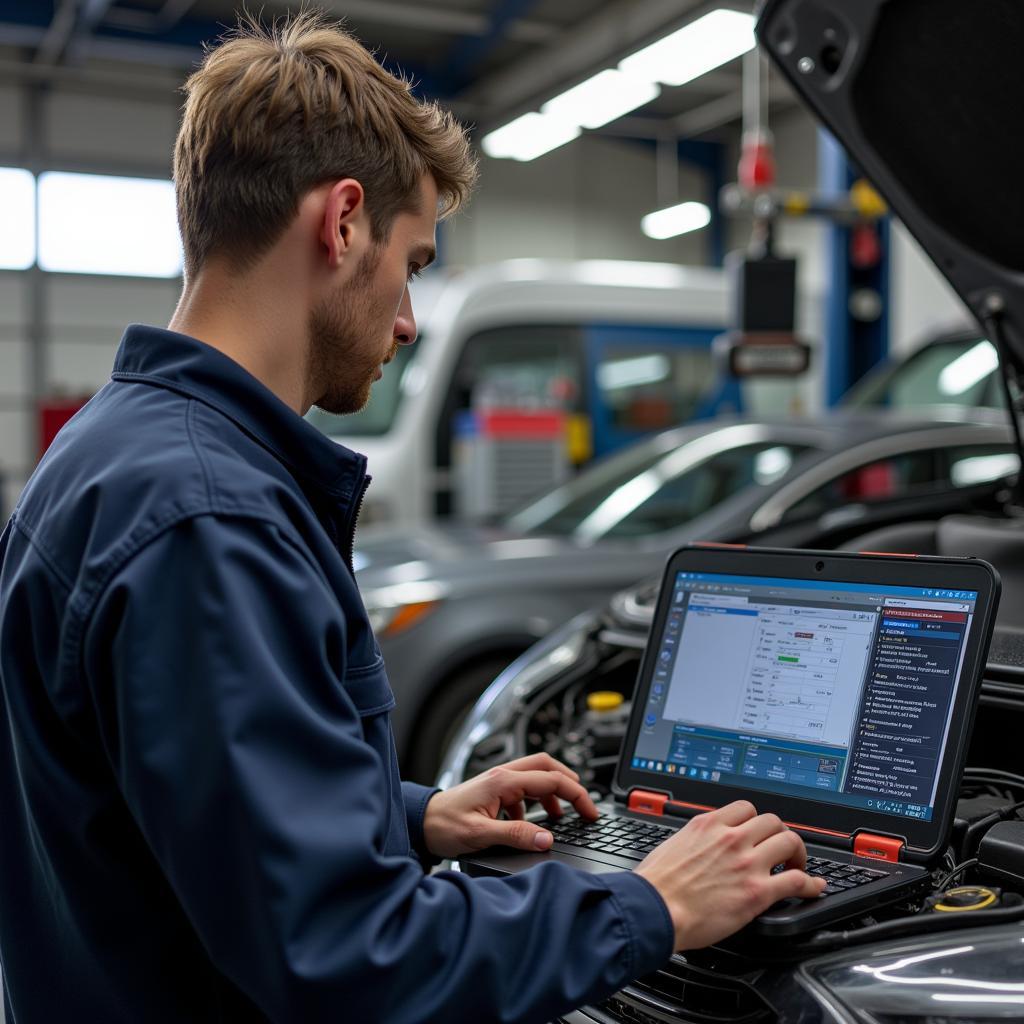 A mechanic using a laptop with car diagnostic software plugged into a car