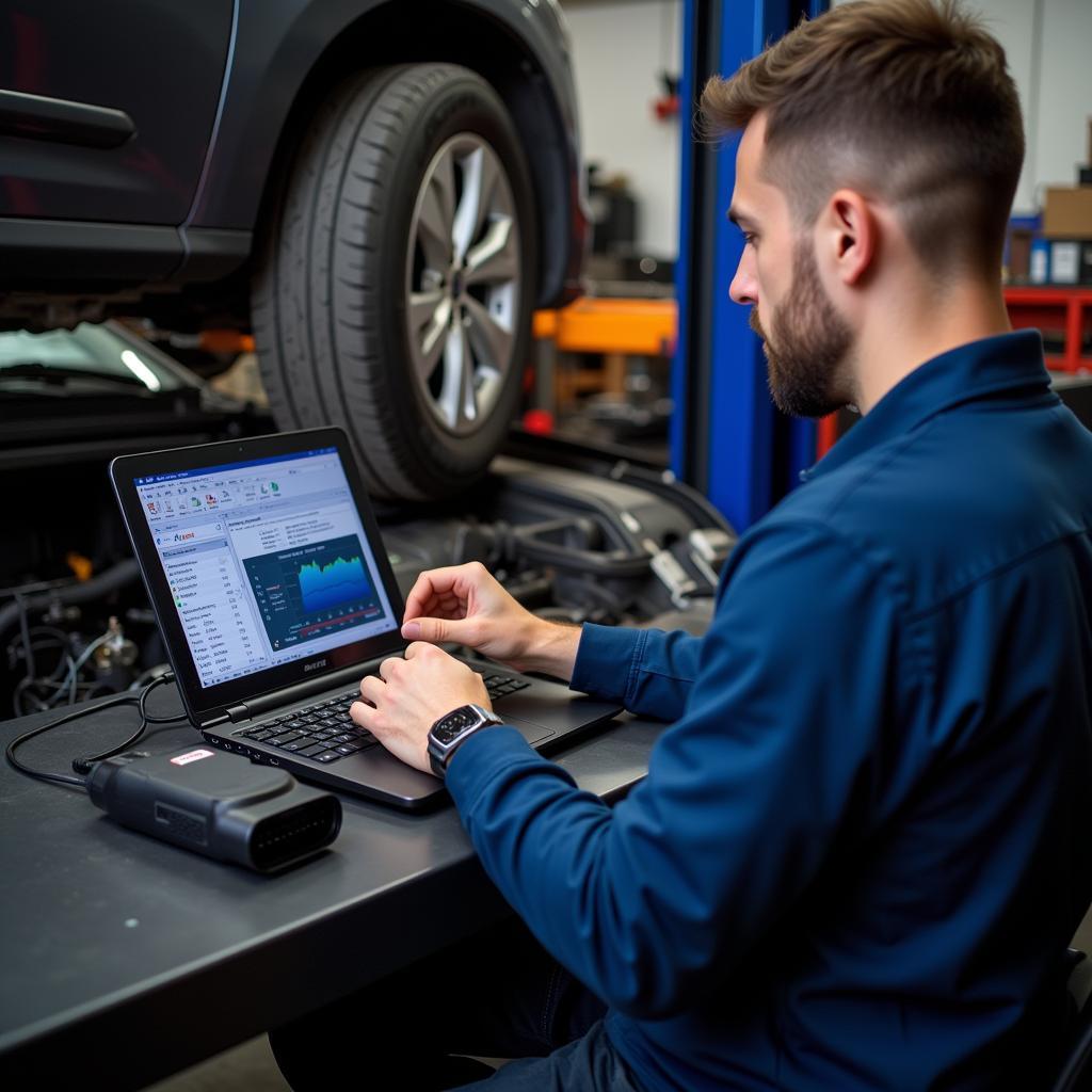 Mechanic Analyzing Car Data on Diagnostic Software