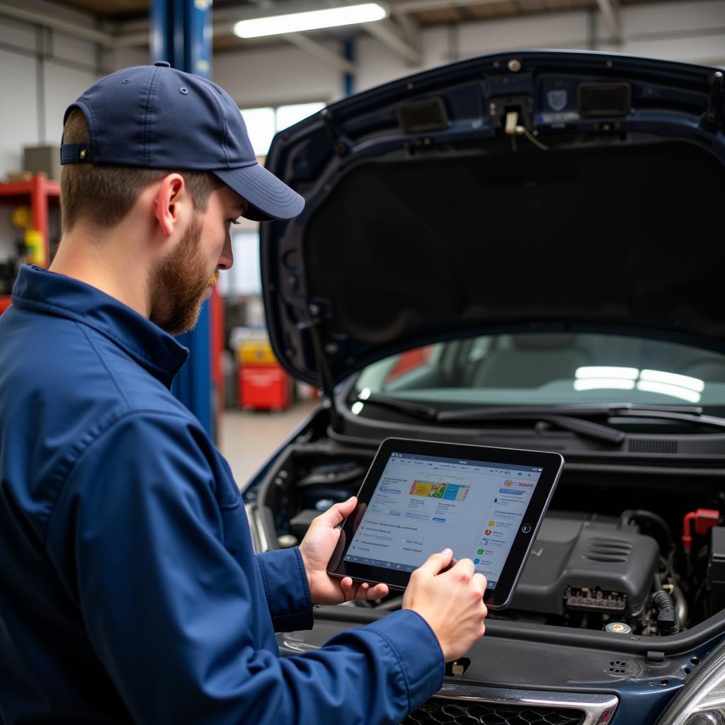 Mechanic Using Car Diagnostic Software for iPad