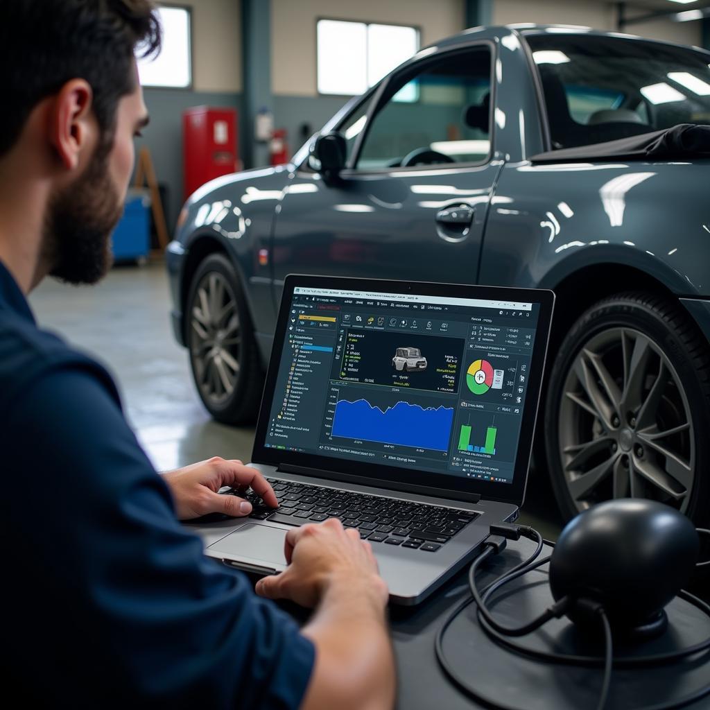 Mechanic using car diagnostic software on laptop while working on a car