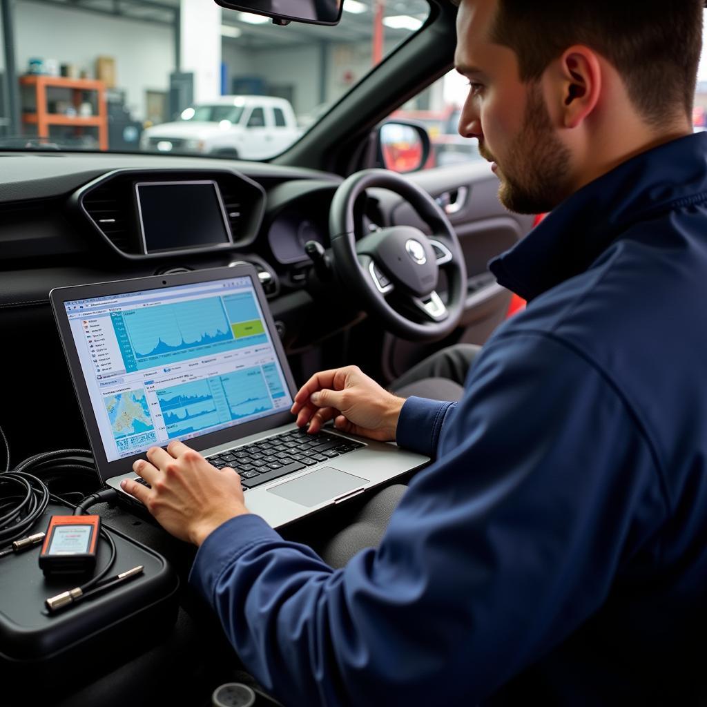 Mechanic Analyzing Car Diagnostics on a Laptop