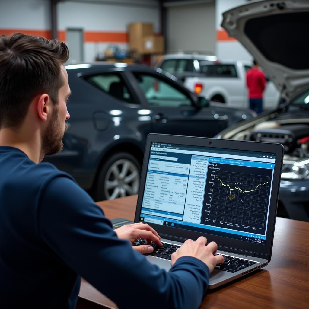 Mechanic Analyzing Diagnostic Data on Laptop