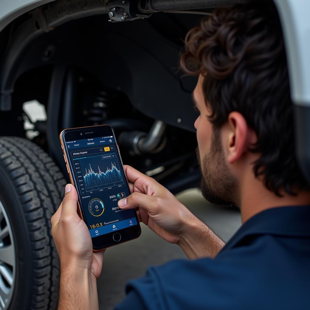 Mechanic using car diagnostic software on phone while working under the hood