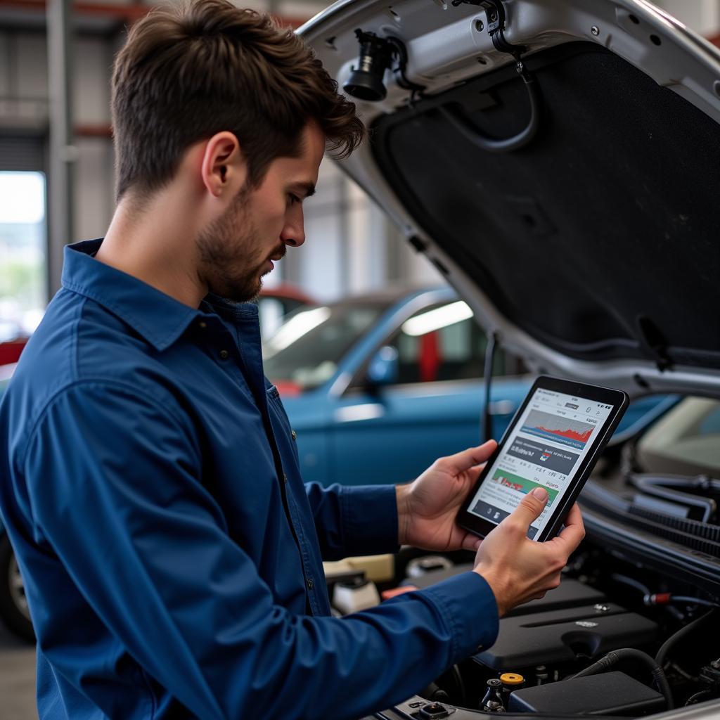 Mechanic Using Car Diagnostic Software On Tablet