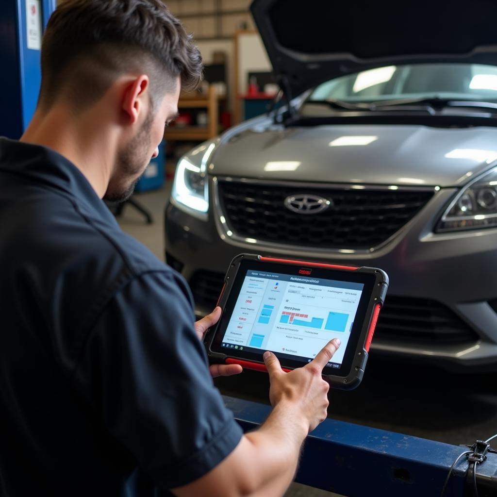 Mechanic Using Car Diagnostic Software on Tablet