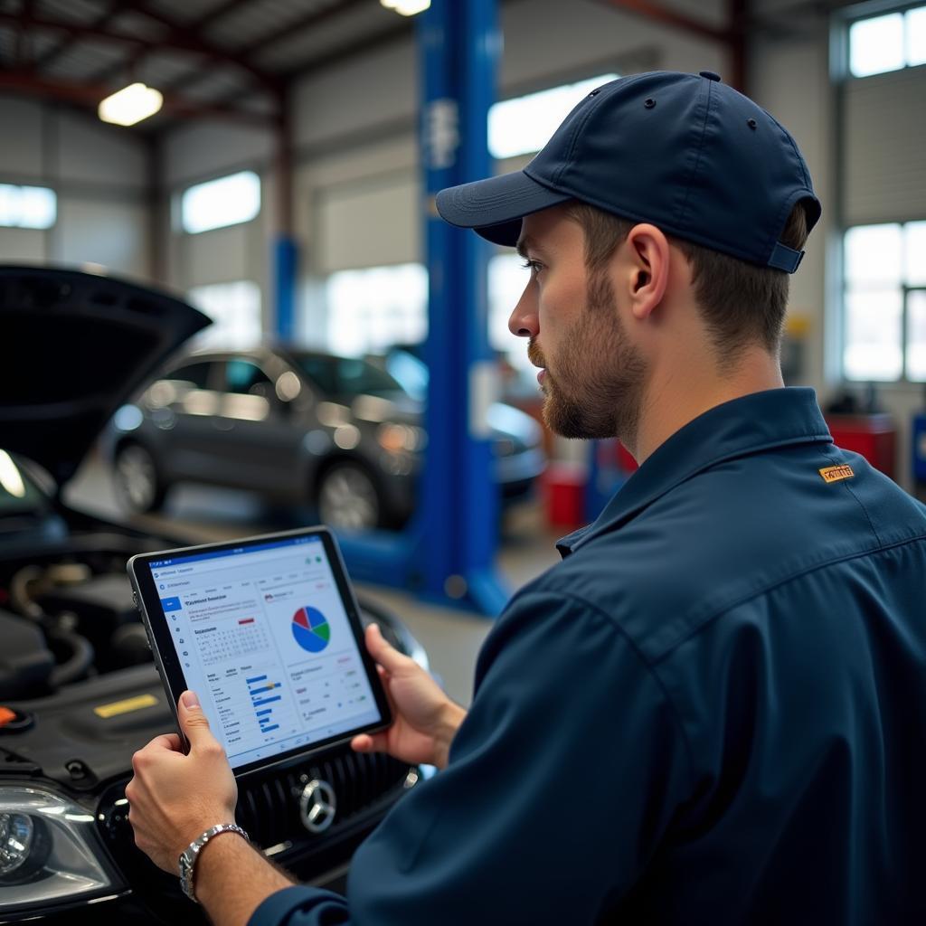 Mechanic Using Diagnostic Software on a Tablet