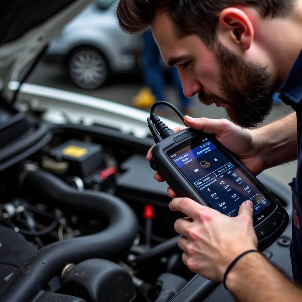 Mechanic Diagnosing Car Issues with a Diagnostic Tool