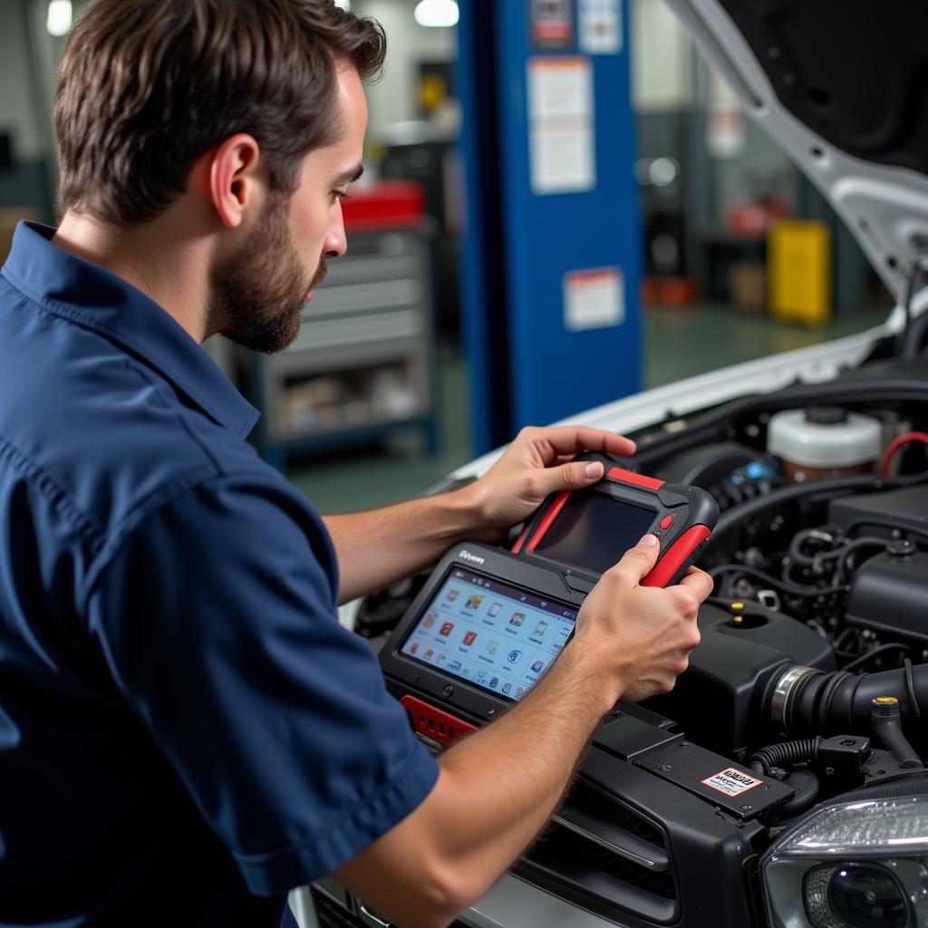 Mechanic Using Car Diagnostic Tool to Troubleshoot Engine Issue