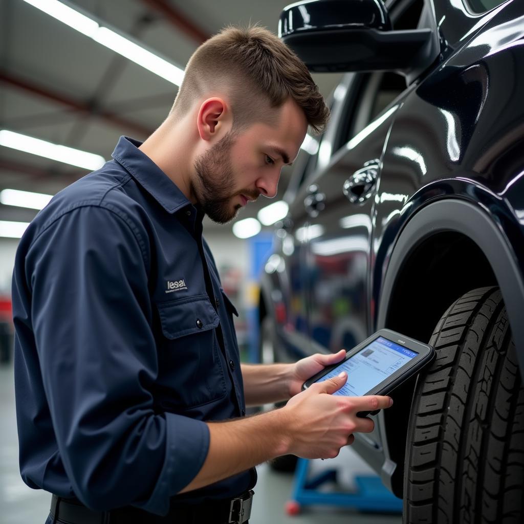 Mechanic Diagnosing a Car Using a Professional Scan Tool