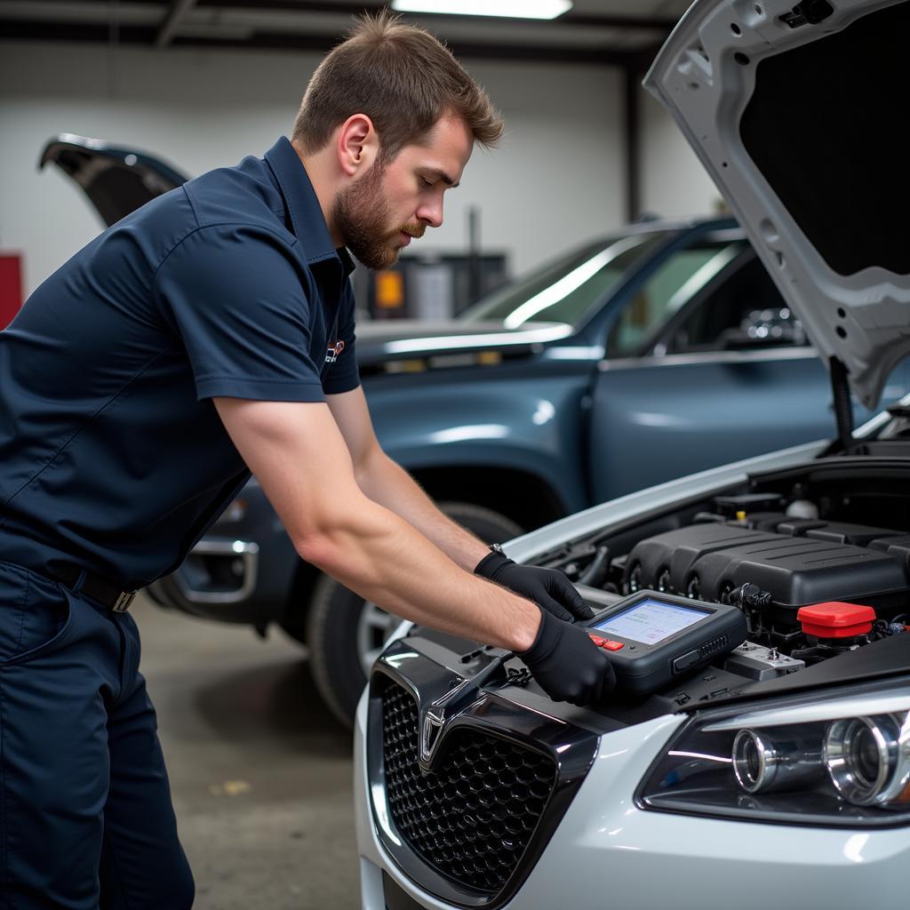 A mechanic connects a car diagnostic tool to a vehicle's OBD2 port, showcasing its practical application in a garage setting.