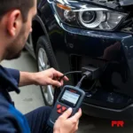 A mechanic using a car diagnostic tool to troubleshoot a vehicle