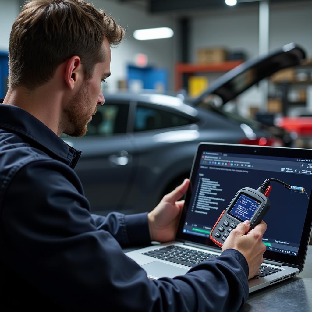 Mechanic using a car diagnostic tool and a laptop