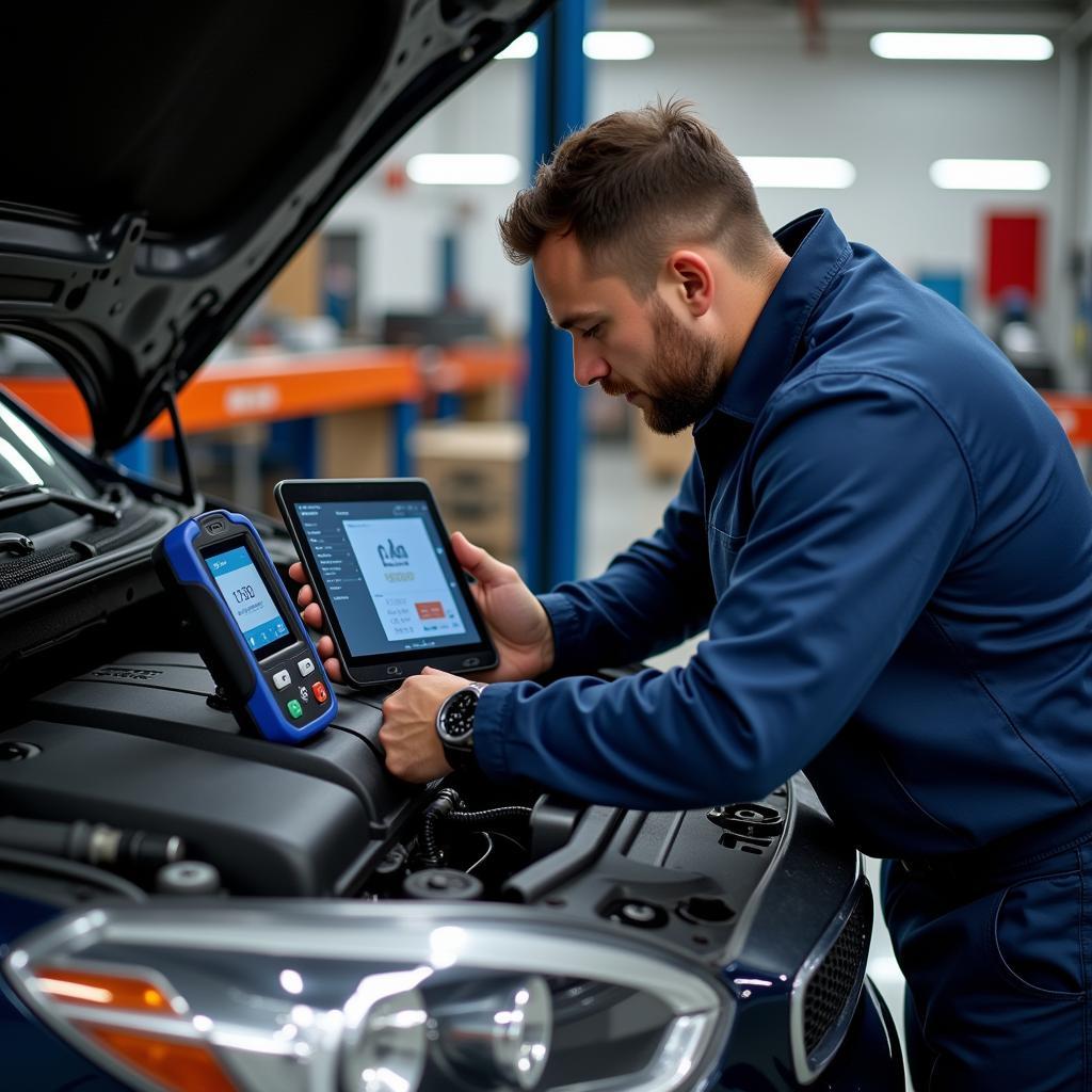 A mechanic using a professional car diagnostic tool with a tablet connected to a car's OBD-II port