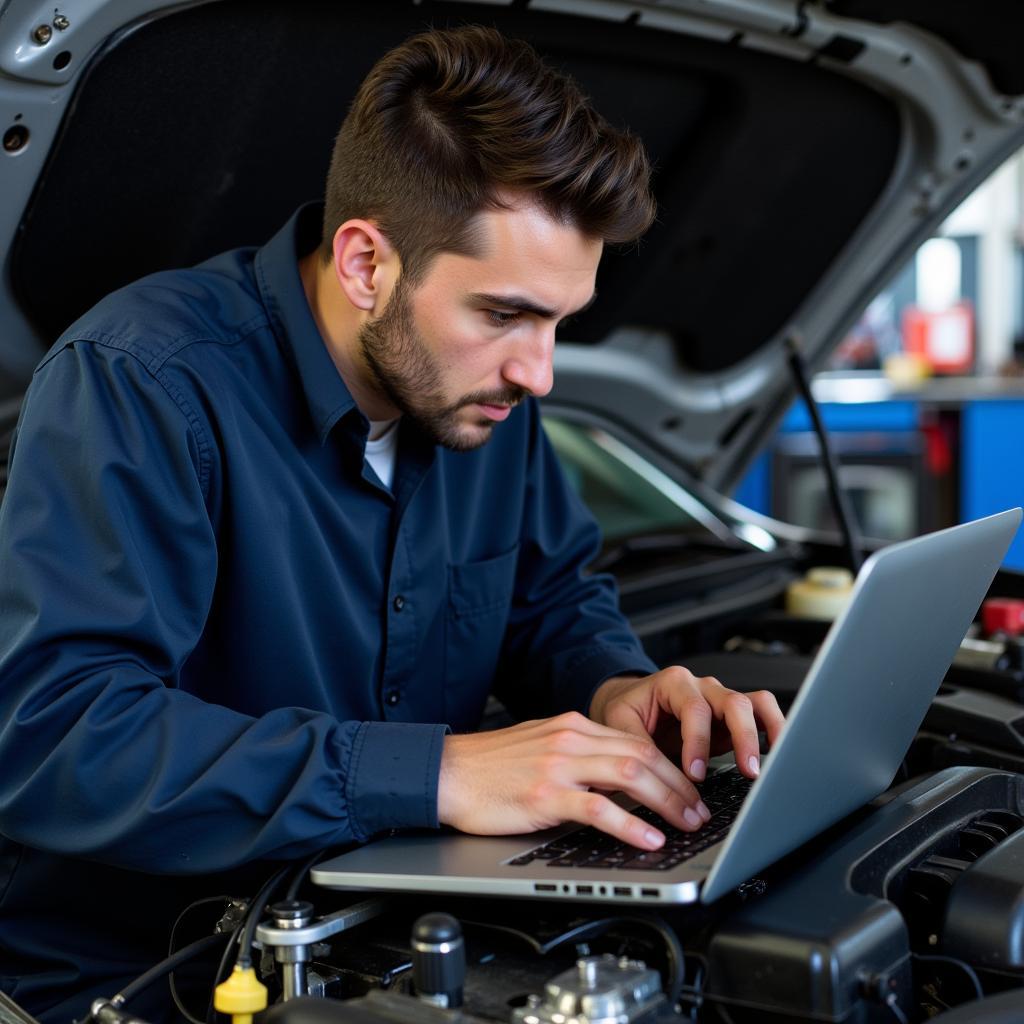 Mechanic Using Car Laptop Diagnostics