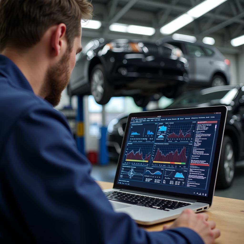 Mechanic Using Car Laptop Diagnostics Software in Garage