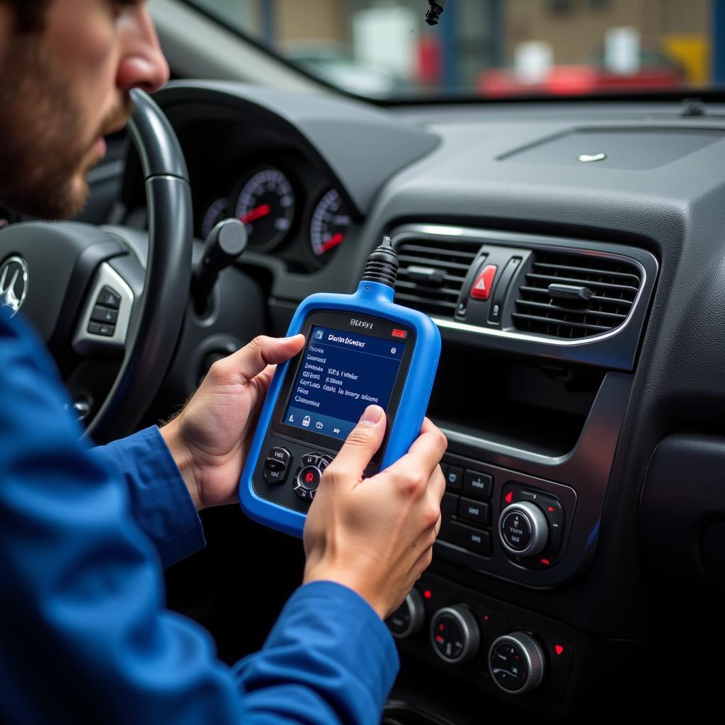 Mechanic Using Delphi Car Diagnostic Tool