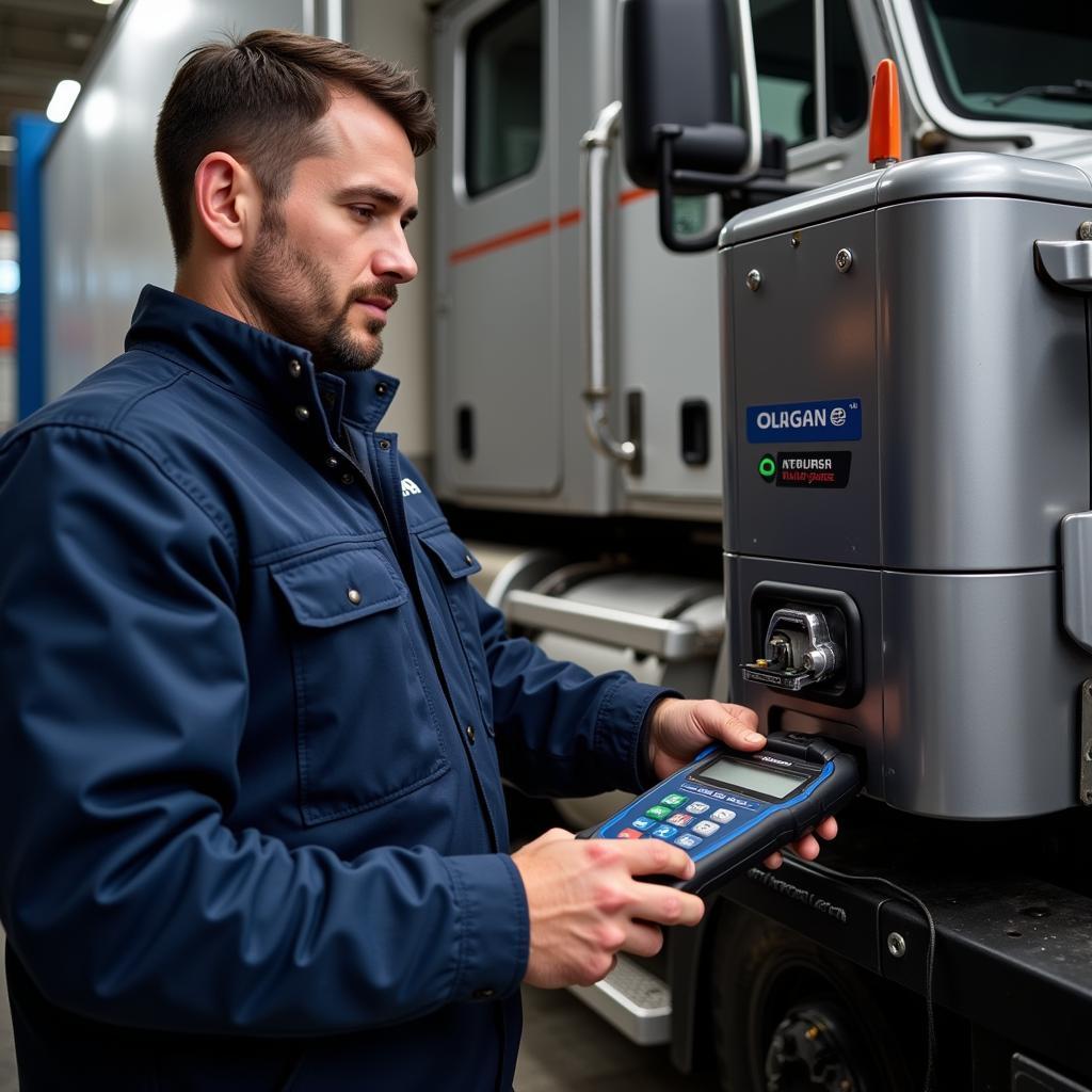 Mechanic Using Delphi Diagnostic Tool on Truck