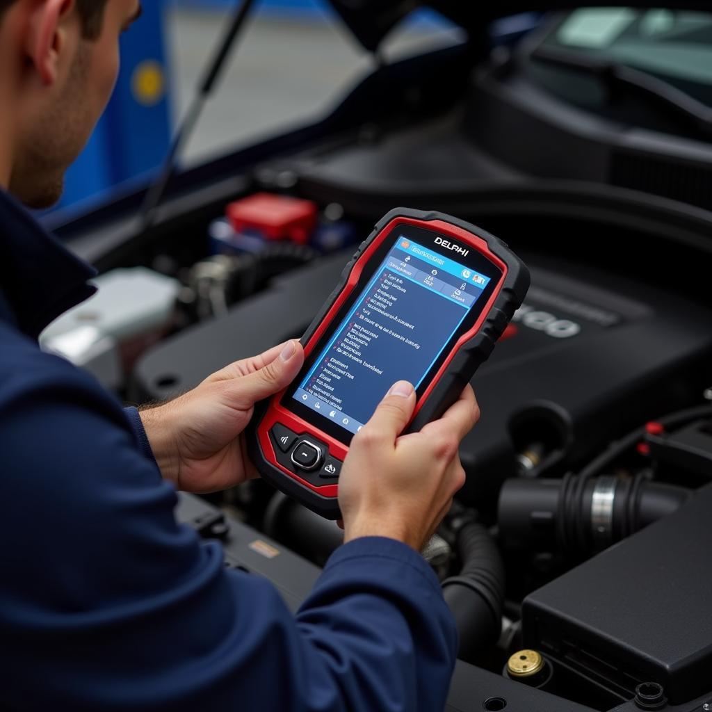 Mechanic Using Delphi DS150 for Diagnostics