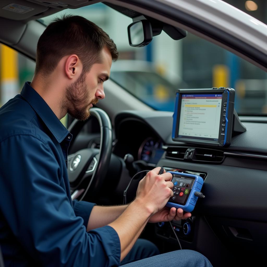 Mechanic Using a Delphi Scanner Under a Car's Dashboard