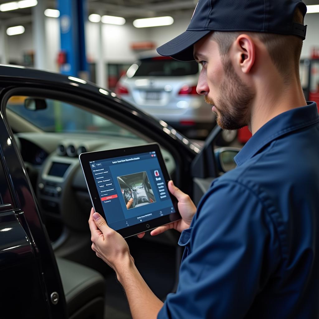 Mechanic using car diagnostic app on tablet