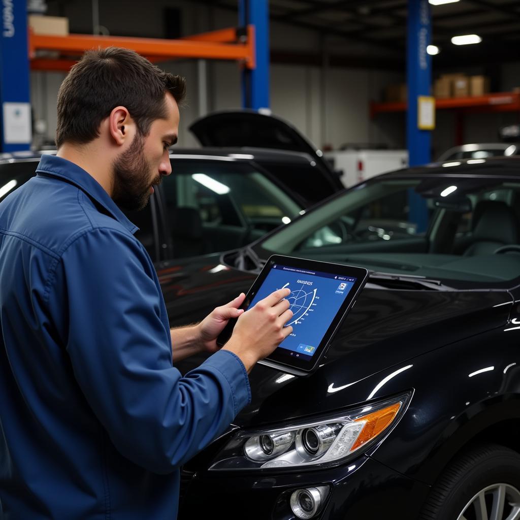 Mechanic Using Diagnostic App in Garage