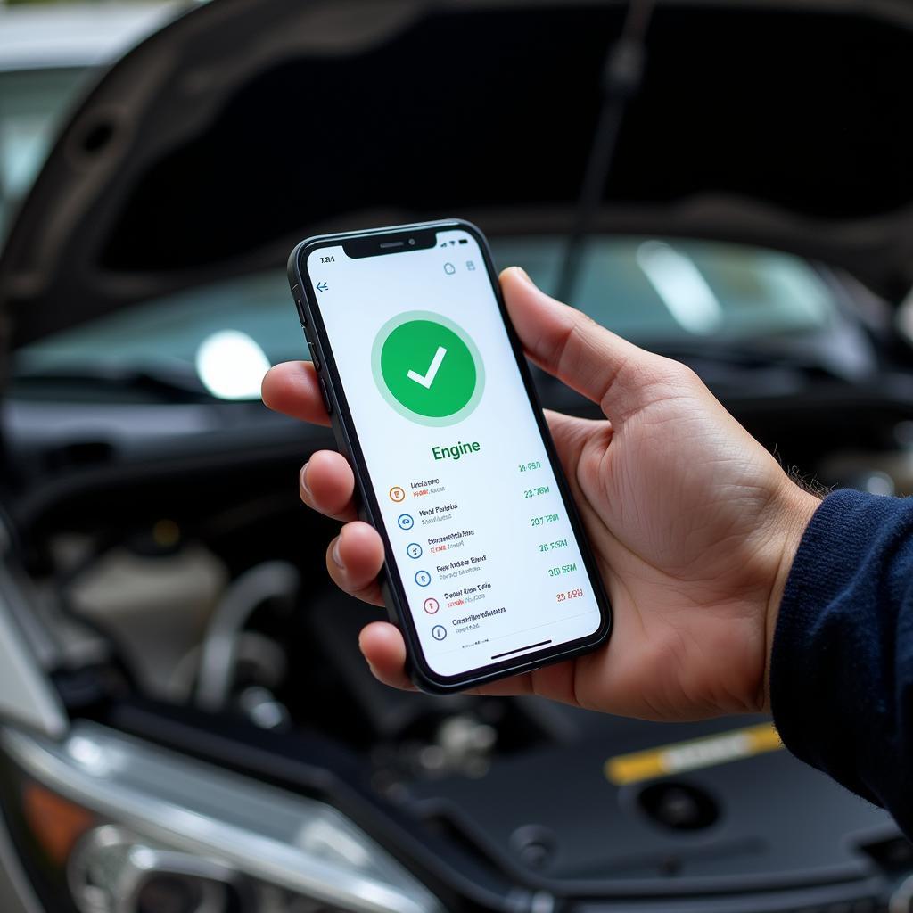 Mechanic Using Smartphone App for Car Diagnostics