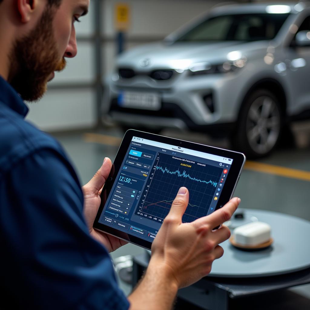 Mechanic Using Diagnostic App on Tablet