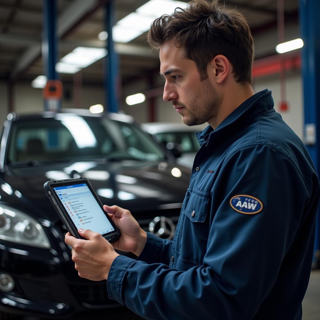 Mechanic using a Diagnostic App on a Tablet