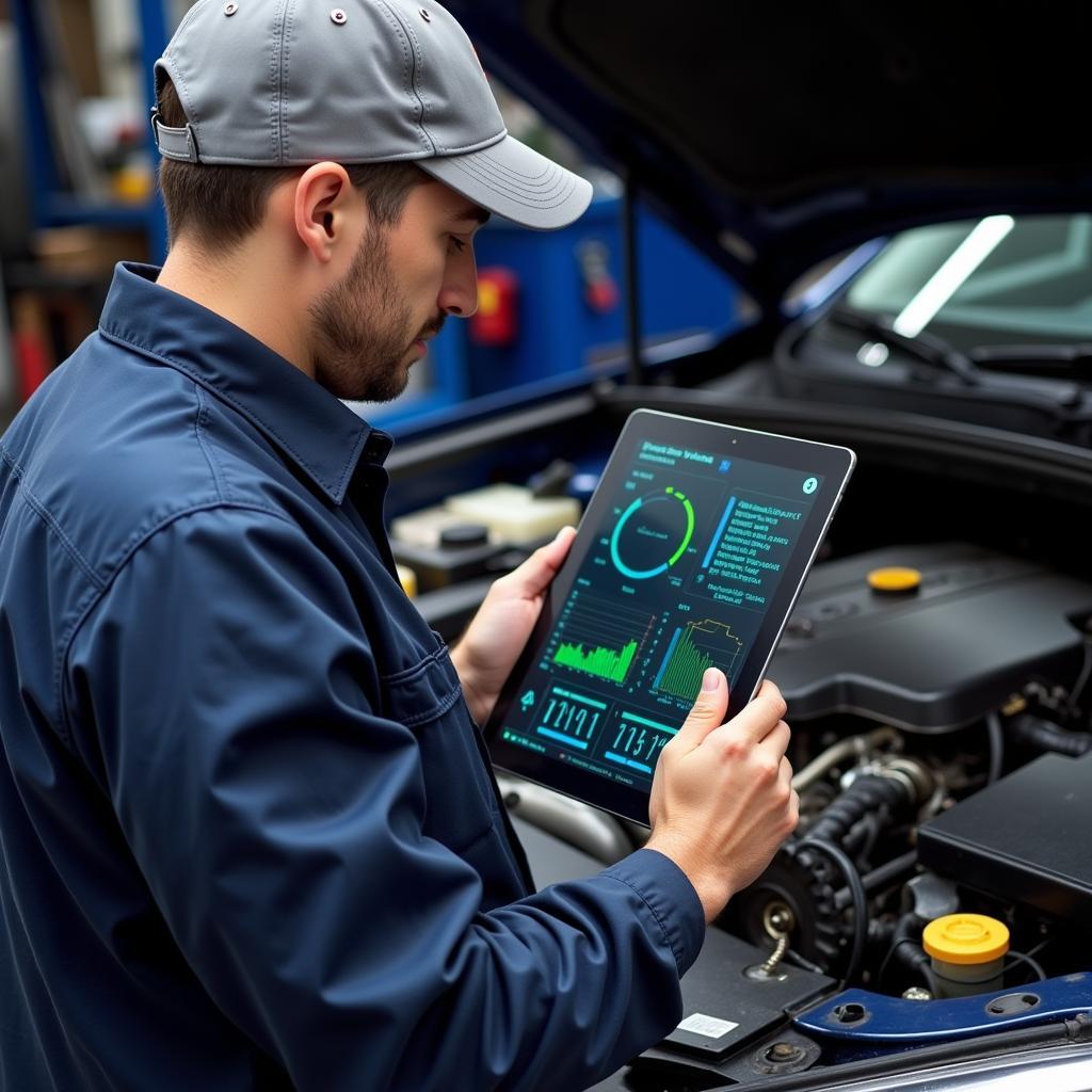 Mechanic Using Car Diagnostic App on Tablet