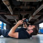 Mechanic inspecting car undercarriage with diagnostic camera