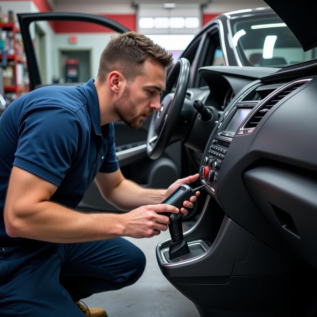 Mechanic connecting a diagnostic car reader to a car's OBD2 port.