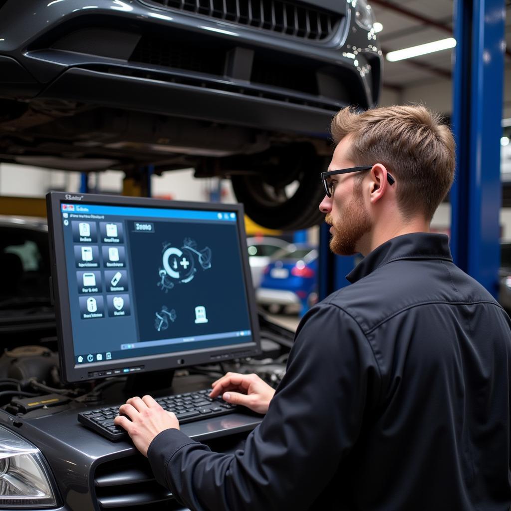 Mechanic Using Diagnostic Computer on Car