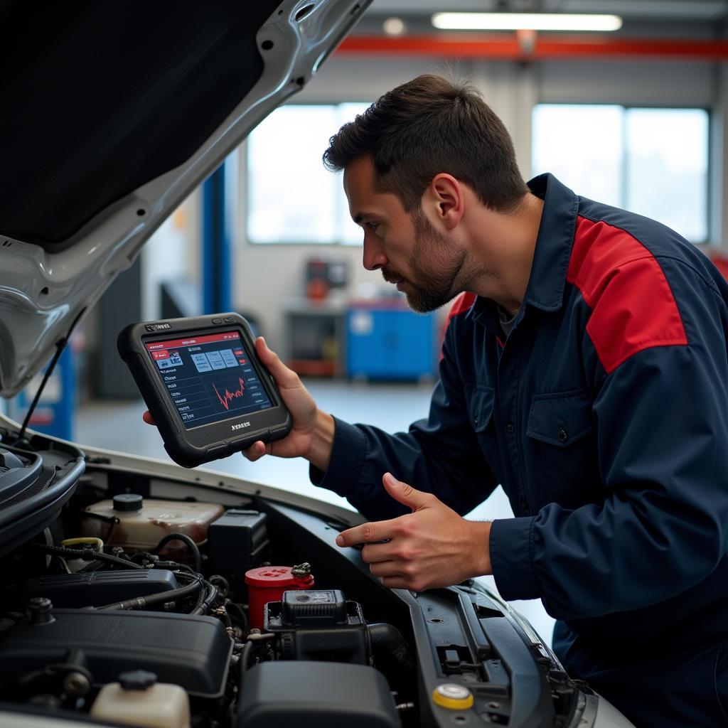 Mechanic using a diagnostic device in a workshop