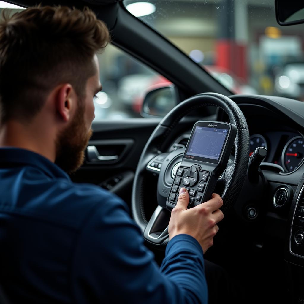 A mechanic utilizing advanced diagnostic equipment