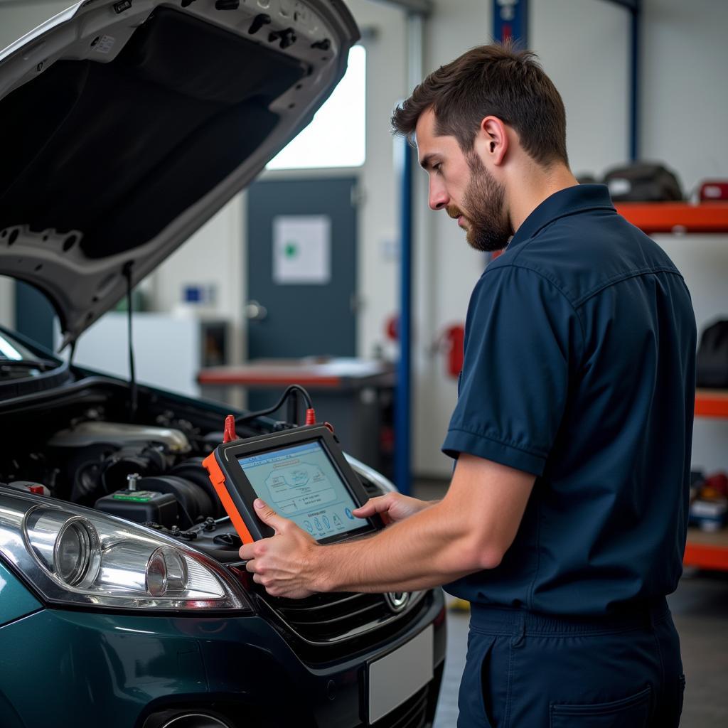 Mechanic Using Diagnostic Equipment in a Workshop