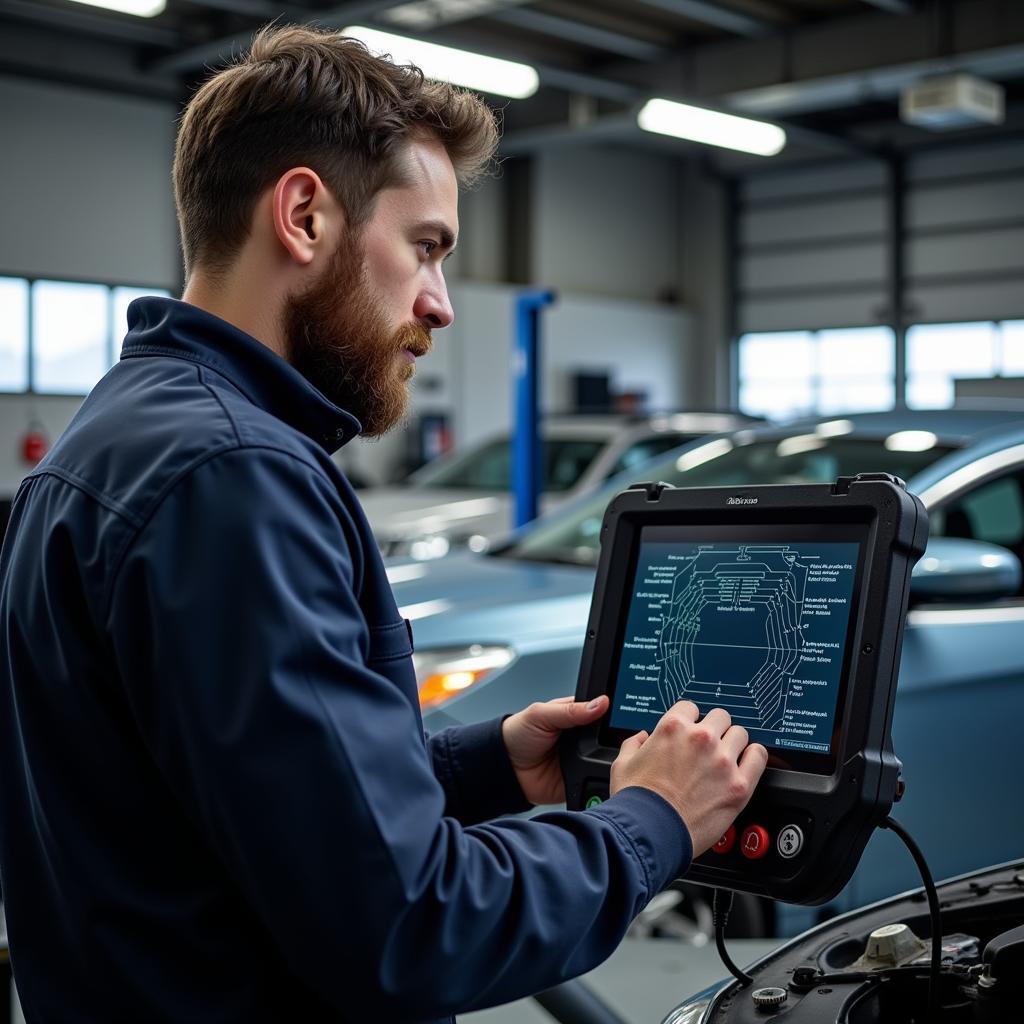 Mechanic using diagnostic equipment to troubleshoot a car issue