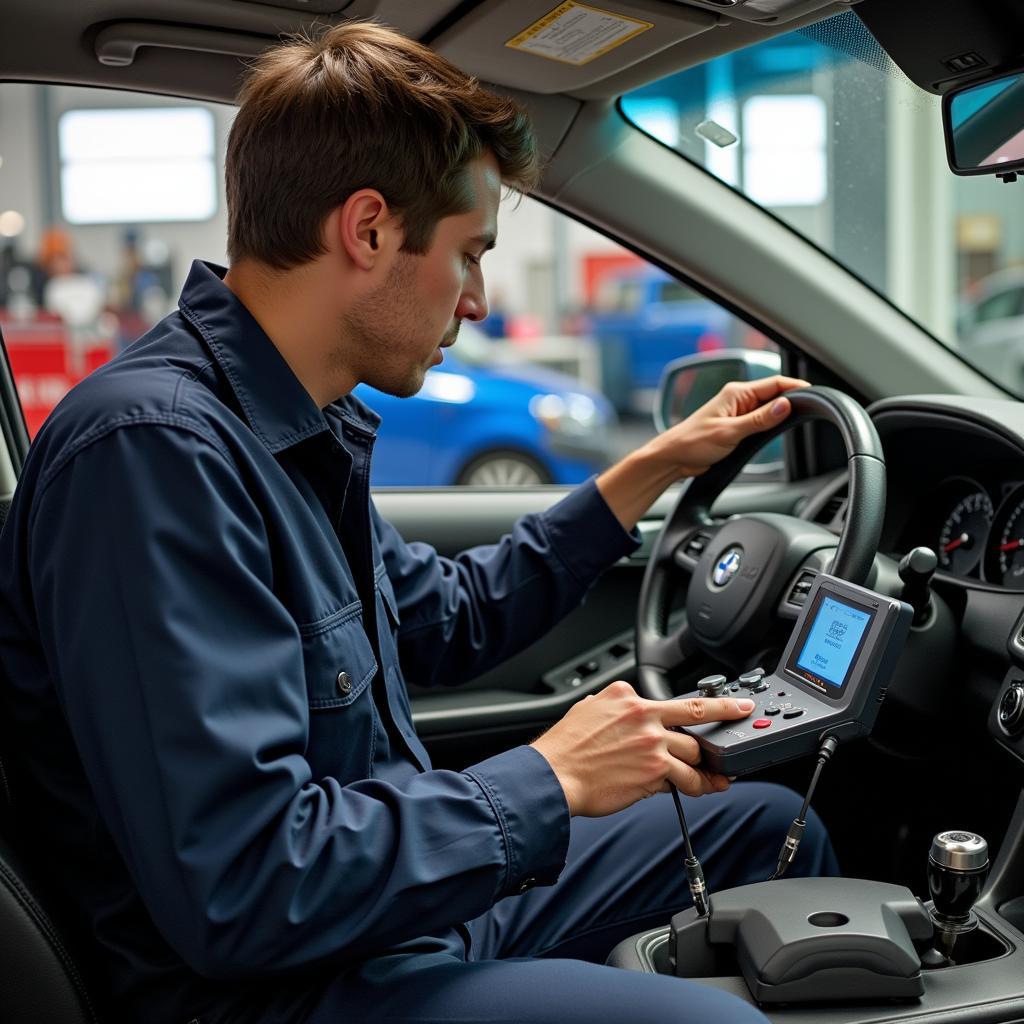 Mechanic Using Gameboy for Car Diagnostics