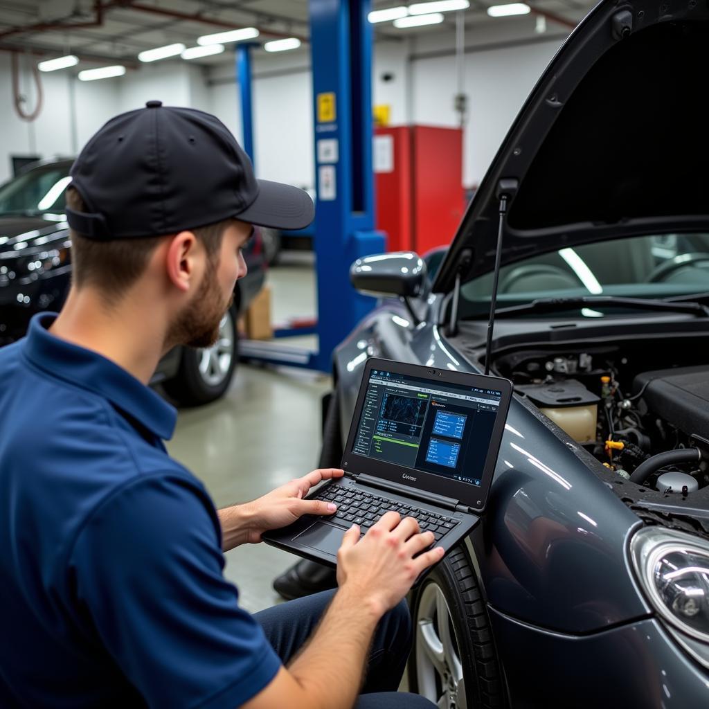 Mechanic Using Diagnostic Laptop in Garage