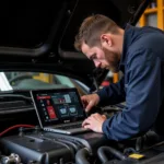 Mechanic Utilizing a Diagnostic Laptop