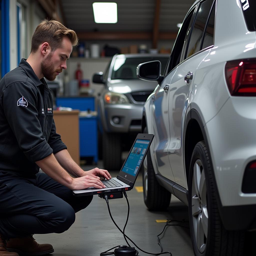 Mechanic Using Diagnostic Laptop in Garage