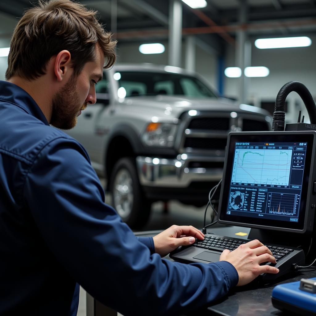 A Mechanic Using a Diagnostic Machine in a Workshop