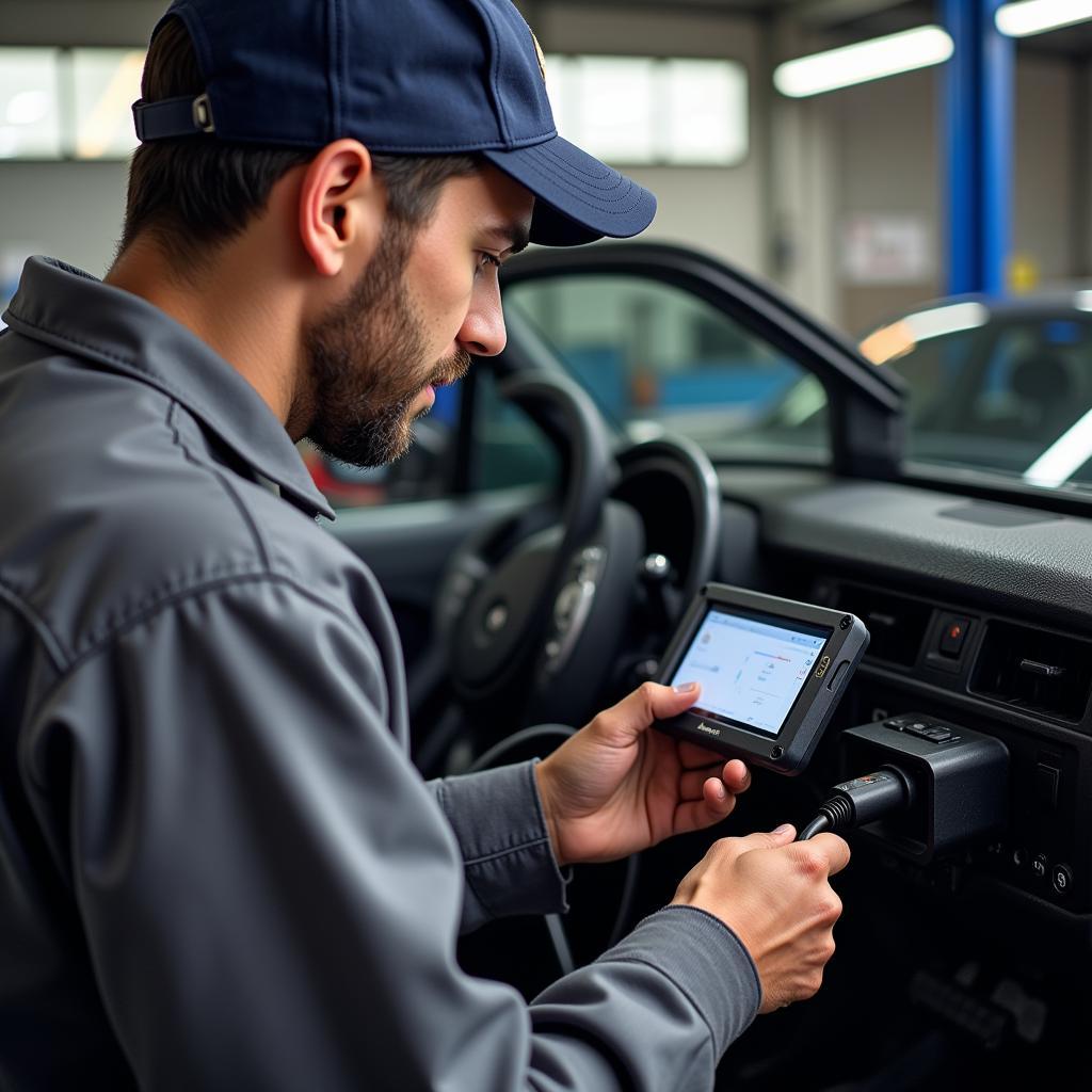 Mechanic Using a Diagnostic Machine on a Car