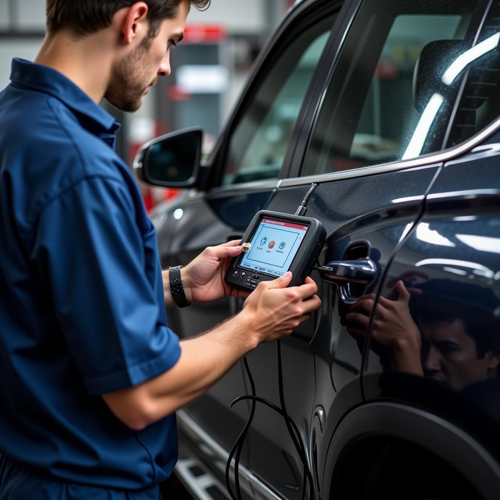 Mechanic Using Diagnostic Machine on Car