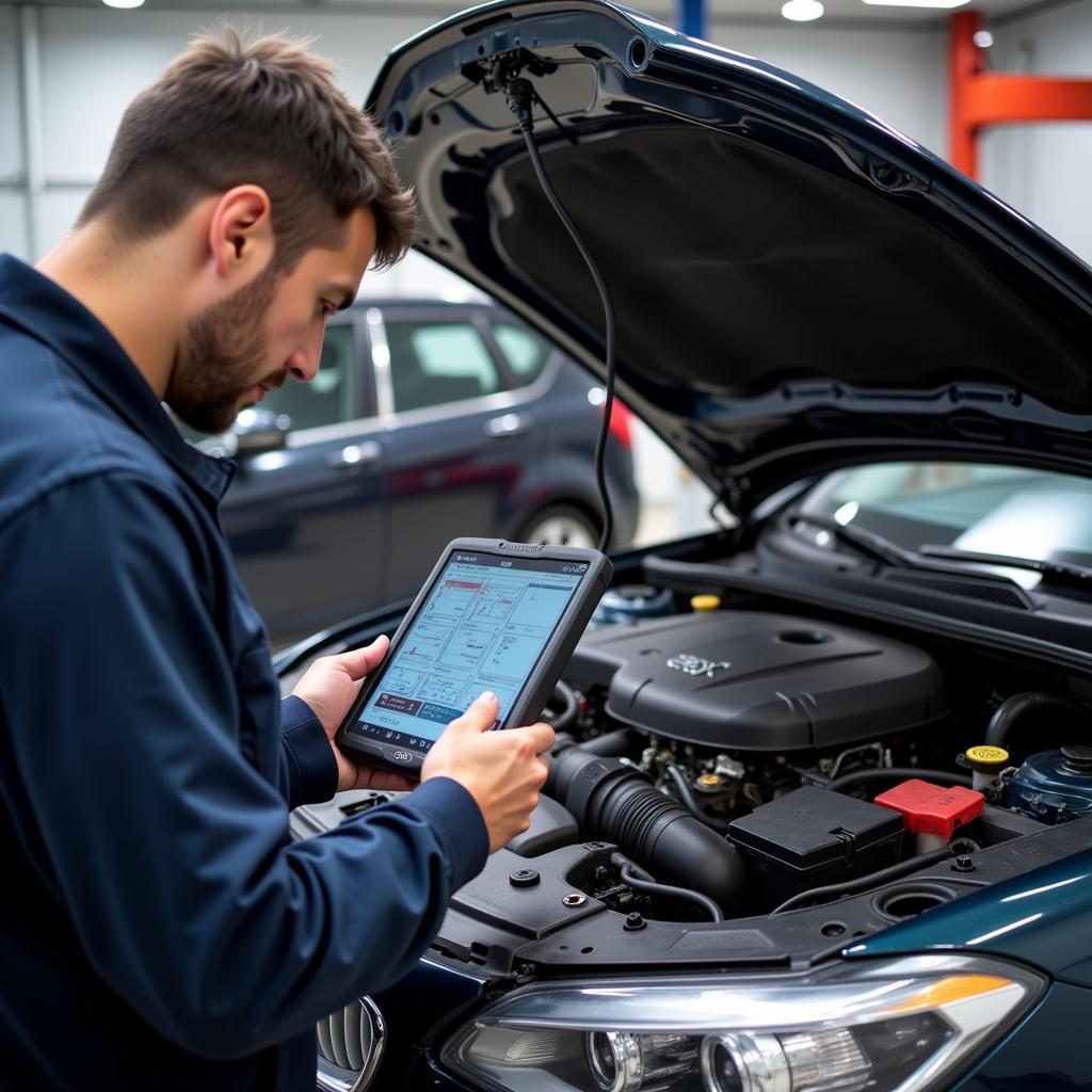 Mechanic using a diagnostic machine in a workshop