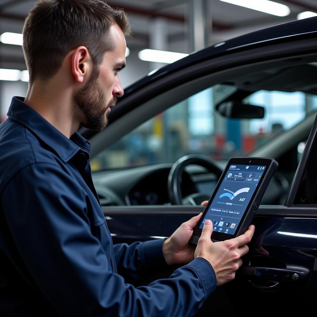 Mechanic Using Car Fault Diagnostic Machine in Workshop