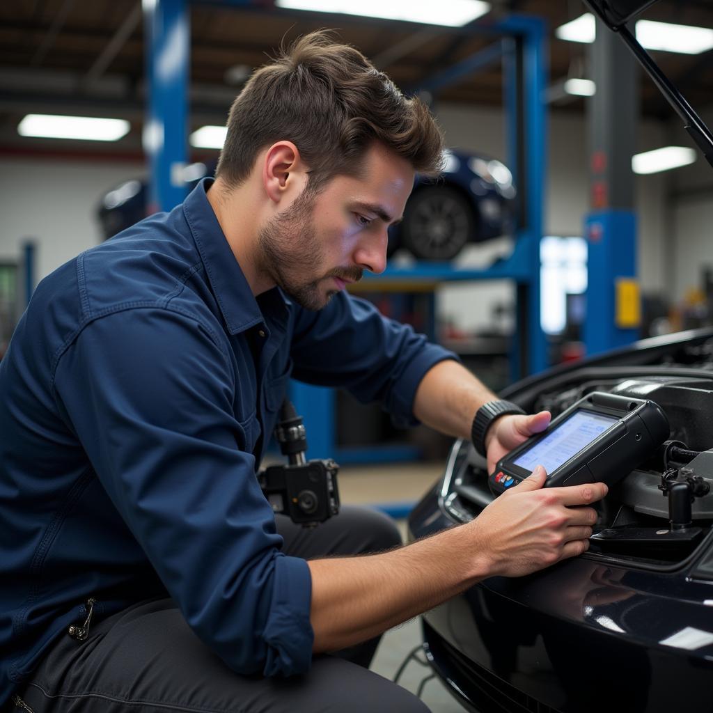 Mechanic Diagnosing a Car with a Diagnostic Machine