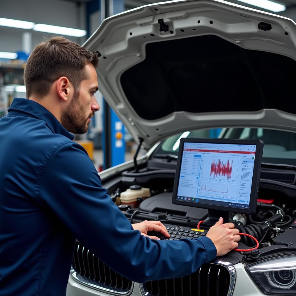 Mechanic Using Diagnostic Machine in Workshop