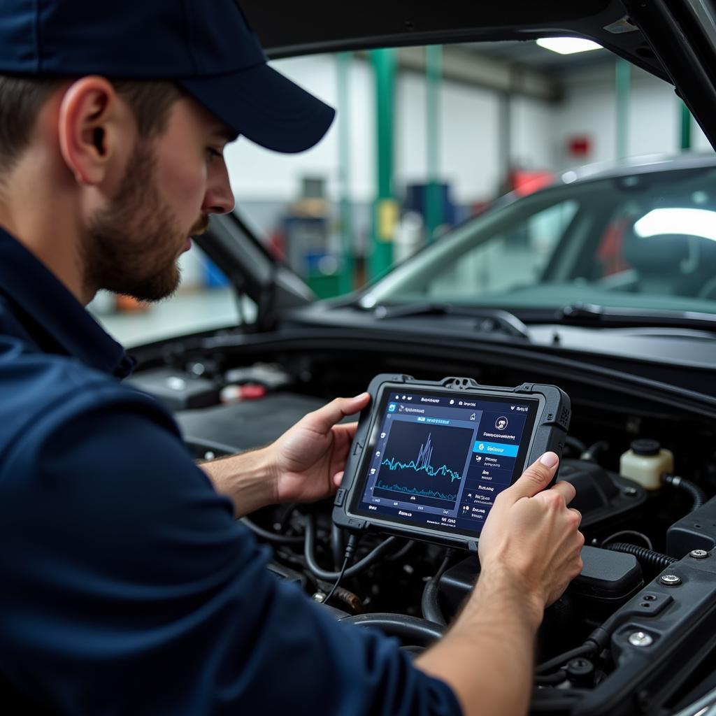 A mechanic using a diagnostic reader car to analyze data and diagnose an engine problem.