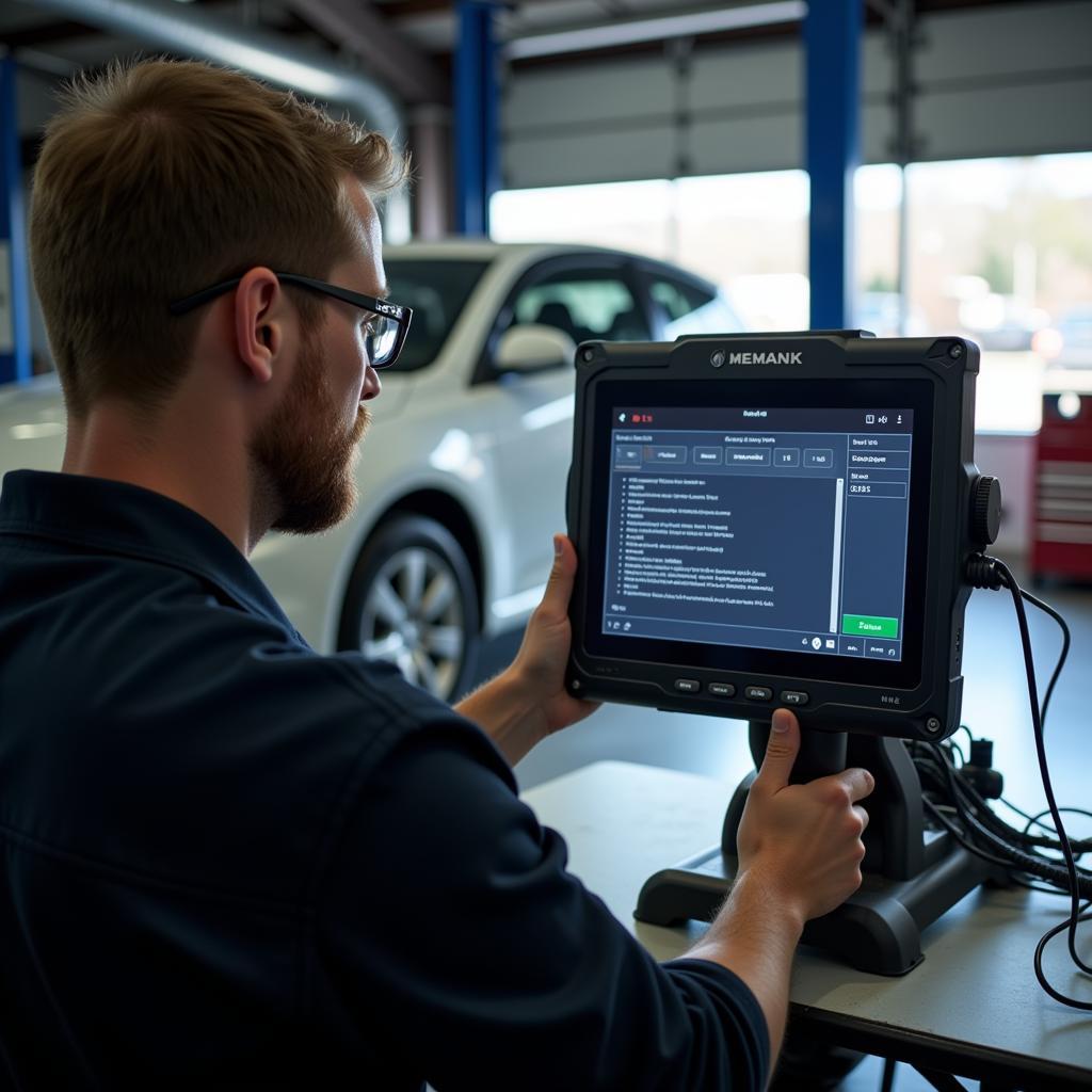 Mechanic using a professional diagnostic scanner on a car